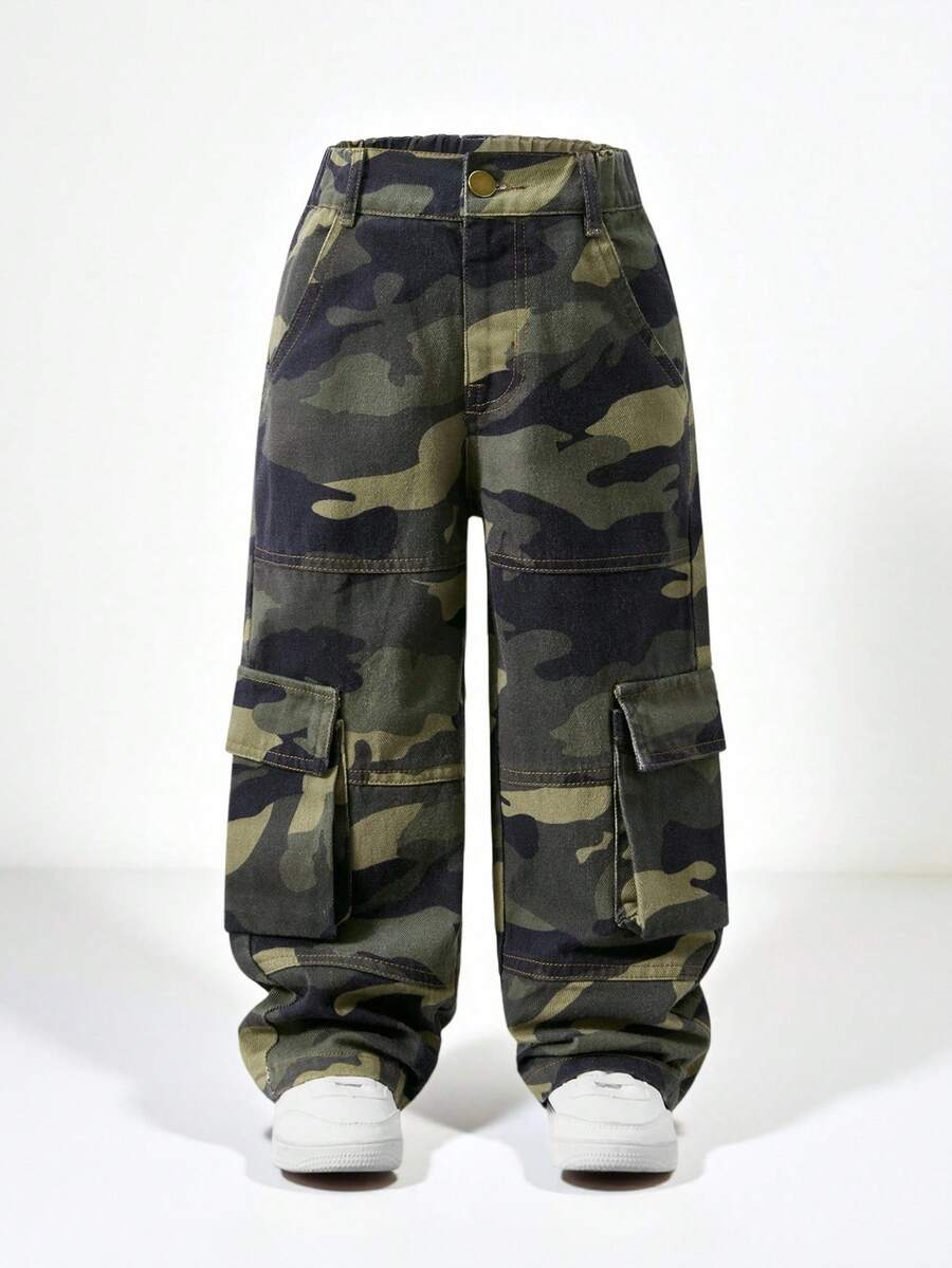 SHEIN 年轻女孩休闲直筒宽松迷彩拼接工装牛仔裤，街头风格裤子 - 軍綠色 - 查看 1