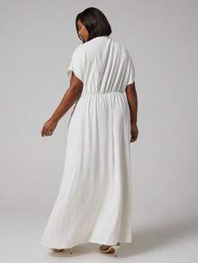 MUSERA 大码垂褶斜领收腰长款连衣裙 - 杏色 - 查看 4