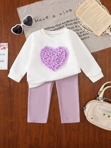 SHEIN 女婴幼儿新生儿0-3岁可爱趣味日常百搭3D心形长袖卫衣和打底裤套装，婴儿秋冬装 - 紫色 - 查看 4