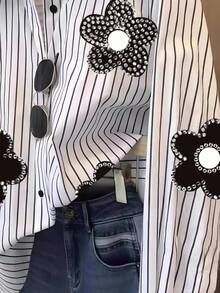 INAWLY Áo sơ mi tay dài họa tiết sọc và hoa đính đá cỡ lớn cho nữ - Nhiều màu - Xem 4