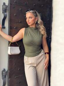 Jeta Ari 女式纯色褶领休闲背心，夏季 - 軍綠色 - 查看 6