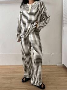 DAZY Striped Half-Button Loose Fit Top & Pants Loungewear Set, Cozy Outfits, Fall Winter Clothes Pajama - Beige - View 4