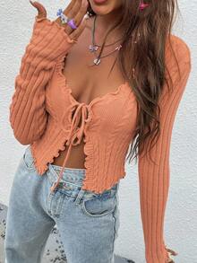 Chiquease Lettuce Trim Twist Knot Casual Long Sleeve Cardigan - Orange - View 3