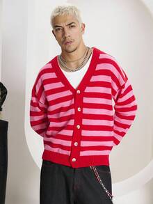 Manfinity CasualKnits Men's Casual Colorblock Striped Cardigan, Autumn/Winter