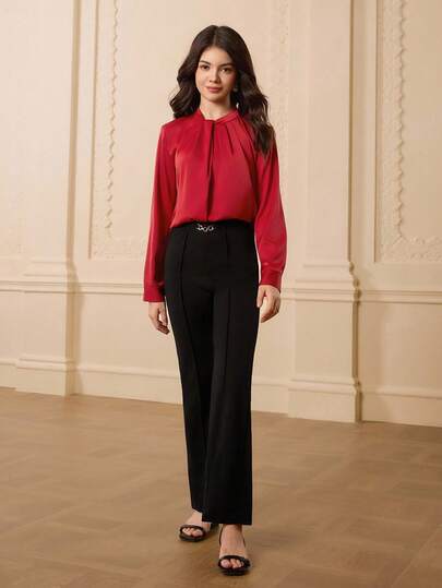 青少年长袖褶皱衬衫上衣 + 高腰纯色喇叭裤，适合派对、万圣节、圣诞节的优雅装扮