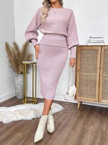 EMERY ROSE Ensemble 2 pièces Top à manches longues et jupe de couleur unie pour l'automne/hiver pour femmes - Rose bonbon - Voir 6