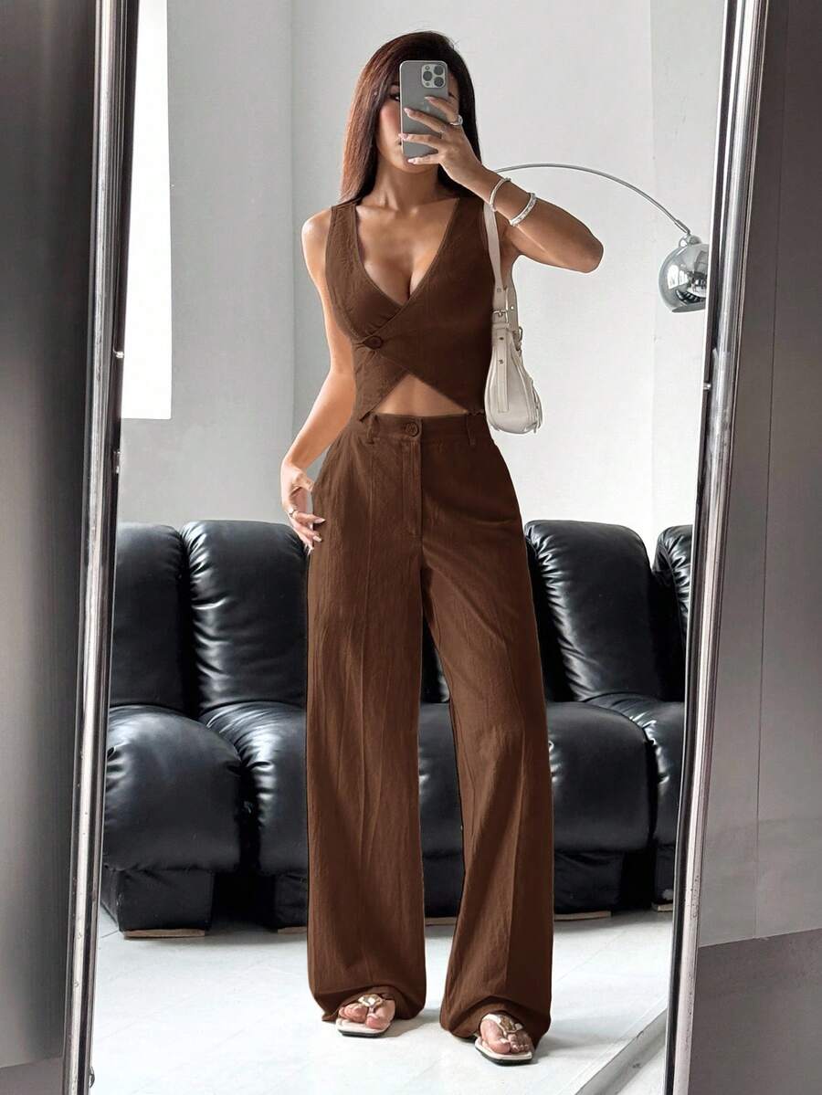 SHEIN EZwear 女士秋冬休闲棕色单排扣背心和裤子套装 - 棕色 - 查看 1