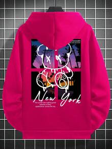 Manfinity Homme 宽松男士标语卡通图案口袋抽绳粉色连帽衫，街头风，秋季长袖上衣 - 玫紅色 - 查看 2