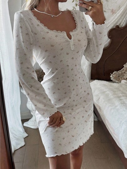CottageSlumber Kanten Notch Neck Crown Print Knit Long Sleeve Nightgown Dress Sleepwear, Cozy Elegant, Fall view 5