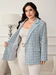 Reflora Plus Size Blue Tweed Elegant Commuter Casual Business Suit Jacket, Tweed Blazer, Baby Blue Blazer, Baby Blue Jacket, Autumn Blazer, Winter Outerwear, Casual Blazer, Women's Stylish Suit Jacket, Fall Winter Coat, Elegant Baby Blue Blazer, Office And Daily Wear Jacket, Fall Clothes For Women, Autumn Clothing For Women, Winter Clothes, Women's Winter Coat