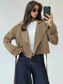 Aloruh Damen Einfarbiger Kragen Langarm Doppelreiher Lässiger Trenchcoat, Herbst - Kamelfarben - Übersicht 5