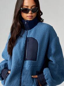 MISSGUIDED Women Oversized Teddy Jacket Winter Sherpa Fleece Coat With Navy Contrast Panel Half Zip Stand Collar Cozy Warm Outerwear Fall Fashion
