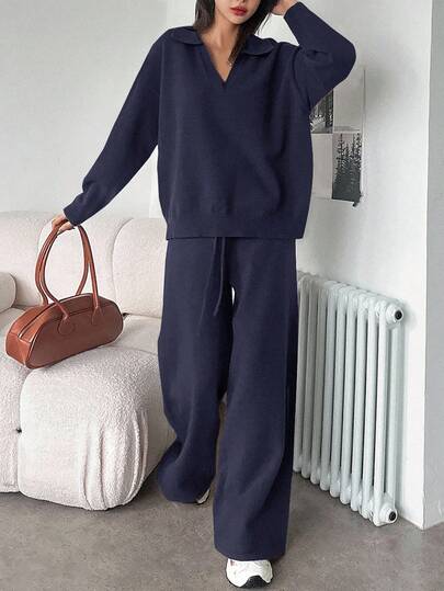 DAZY Conjunto de 2 piezas de suéter holgado de cuello vuelto de unicolor y pantalones de pierna ancha para mujer, otoño