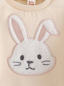 Cozy Pixies 2 pezzi Set di felpa con collo rotondo e maniche raglan a motivo coniglietto cartoonesco e pantaloni imbottiti in pile spesso, adatto per bambine, per autunno/inverno, per uso interno ed esterno