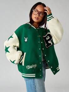 Missguided x Playboy Oversized Vintage Style Varsity Bomber Jacket Letterman Baseball College Retro Fashion Varsity Athletic Bomber Classic Preppy Winter Fall Jacket With Striped Ribbing