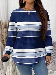 EMERY ROSE Plus Size Casual Minimalist Blue Striped Contrast Print Waffle Sweatshirt In Fall/Winter - Multicolor - View 6