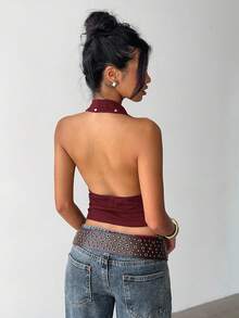 Aloruh Black Backless Halter Neck Knit Top,Red Top - Burgundy - View 2