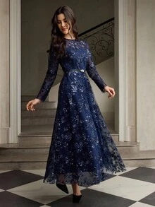 ZEYLAH Women's Elegant Sequins Embroidered Long Sleeve Dress - Black - View 6