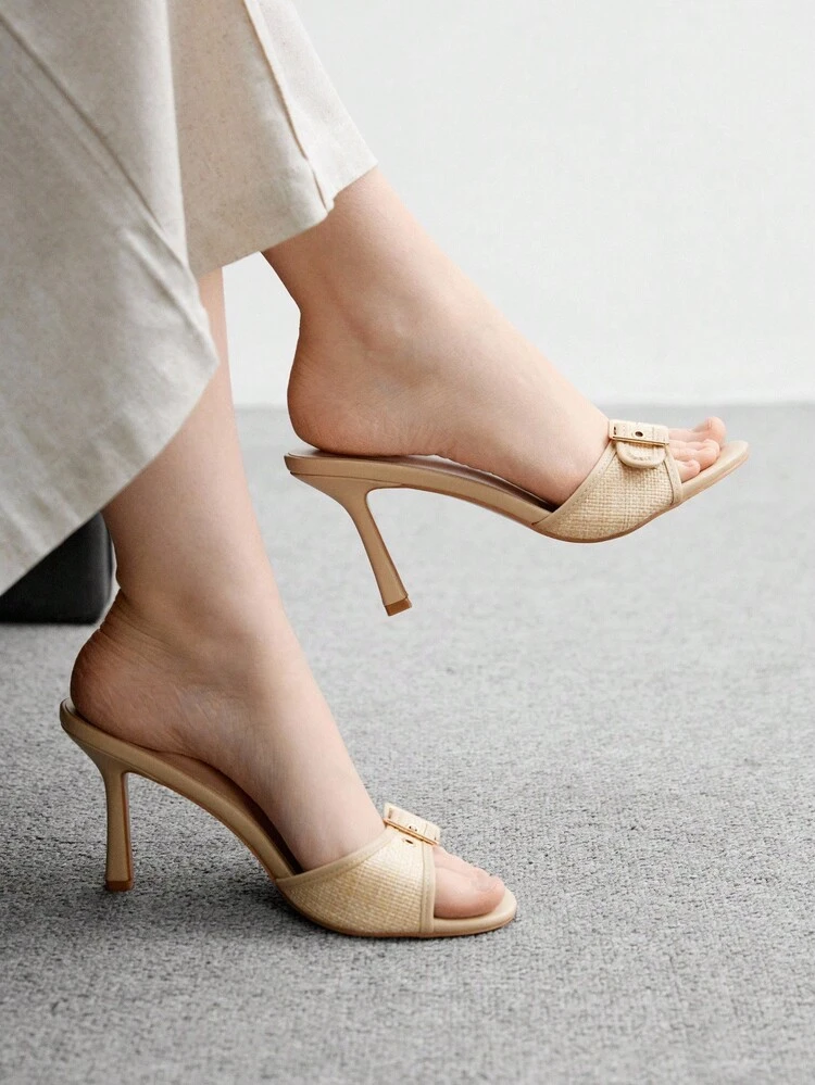 CUCCOO BIZCHIC Apricot PU Gold Buckle Fashionable Comfortable Round Toe High Heel Mules