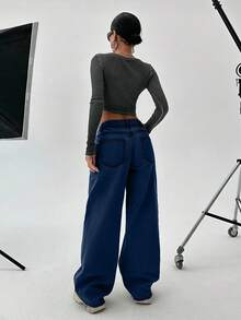 EURMUSE WOMEN WIDE LEG LOW WAIST JEANS - Dark Wash - View 2