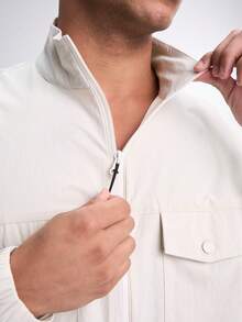 Men's Letter Print Pocket Design Zip Front Casual Long Sleeve Jacket - Beige - View 5