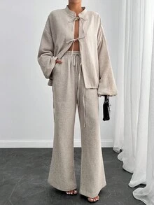 EURMUSE Casual Style, Premium Quality Linen, Keep Cool In Warm Weather, Effortless Weekend Outfit, Two Pieces Set, Tie Front Detailed Balloon Sleeve Top With Relaxed Pant - Beige - View 6