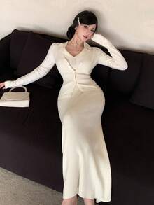 DAZY Bộ 2 món áo len cardigan bó sát màu trơn thời trang thu đông và chân váy bút chì, trang phục áo len dệt kim thanh lịch và thời trang cho nữ - Màu be - Xem 9