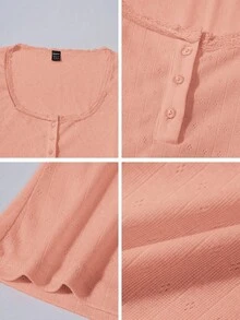 Zielony 甜美蕾丝边短袖 T 恤女士，全新夏季修身三扣装饰半袖上衣 - 粉色 - 查看 8