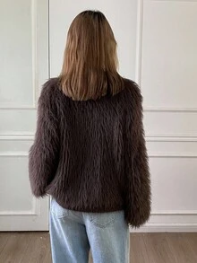 DAZY Women's Loose Casual Fuzzy Brown Cardigan Sweater, Autumn/Winter