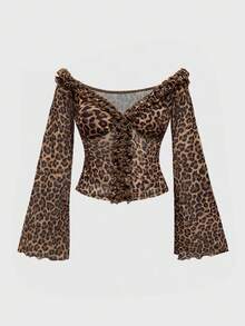 ROMWE Hippie Plus Size Vintage Off Shoulder Flare Sleeve Ruffle Hem Leopard Print Sheer Blouse For Women - Brown - View 1