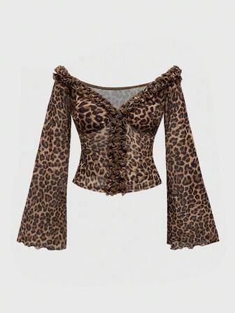 Hippie Blusa ampia con stampa leopardata, scollo a spalle scoperte, maniche a sbuffo e orlo arricciato, per taglie comode