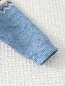 Cozy Pixies Suéter de cárdigan de manga larga con cuello redondo con estampado de oso de dibujos animados y geométrico para bebé niño en otoño/invierno - Azul - Ver 5