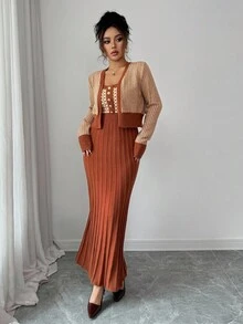 SHEIN Elenzya 女士秋冬休闲复古图案无袖连衣裙，百搭优雅，适合外出、工作、上学、度假 - 包括吊带背心、羊毛衫、百褶裙、针织毛衣 - 彩色 - 查看 4