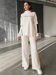 EURMUSE Women's Stand Collar Colorblock Long Sleeve Sweater And Knitted Pants Set - White - View 4
