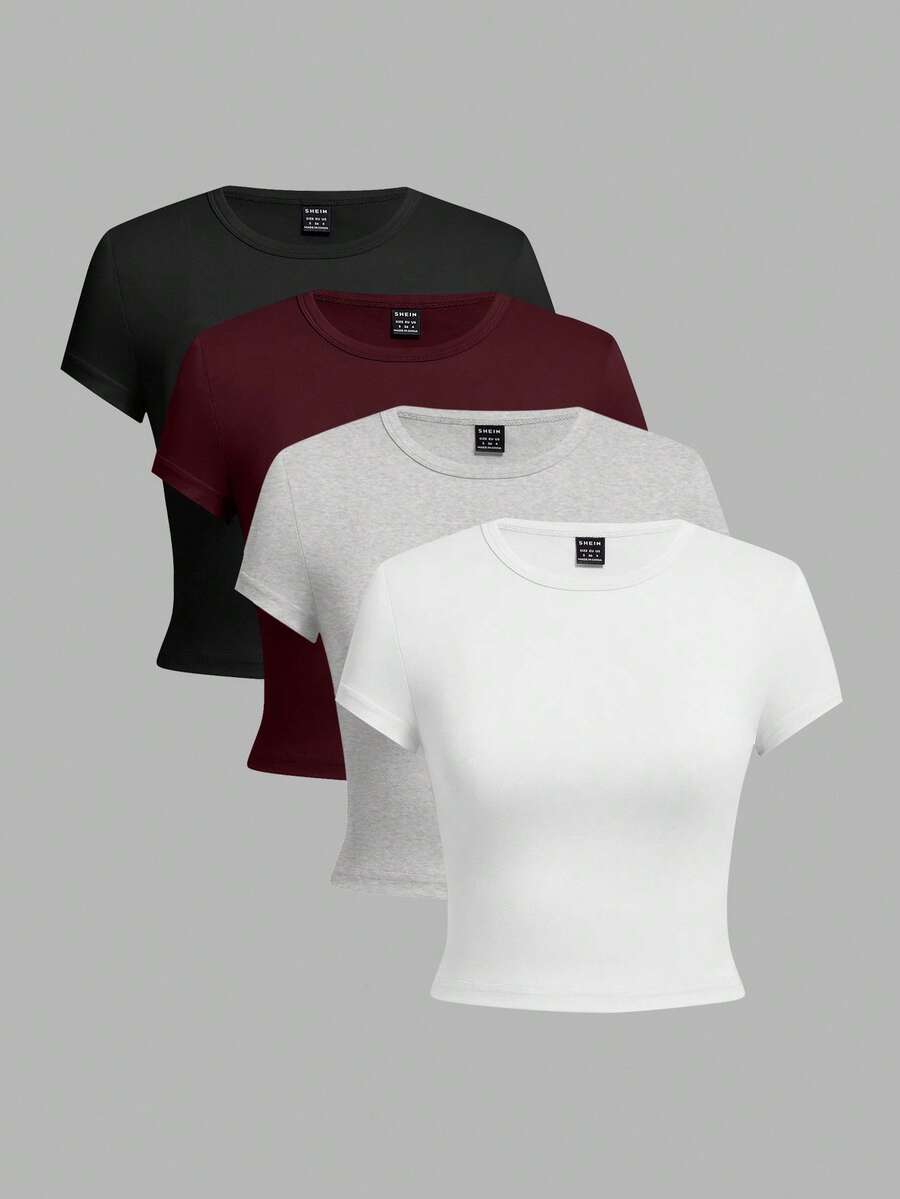 SHEIN EZwear 4件套黑色、酒红色、灰色、白色休闲圆领短袖修身女士T恤,适合夏季 - 彩色 - 查看 1