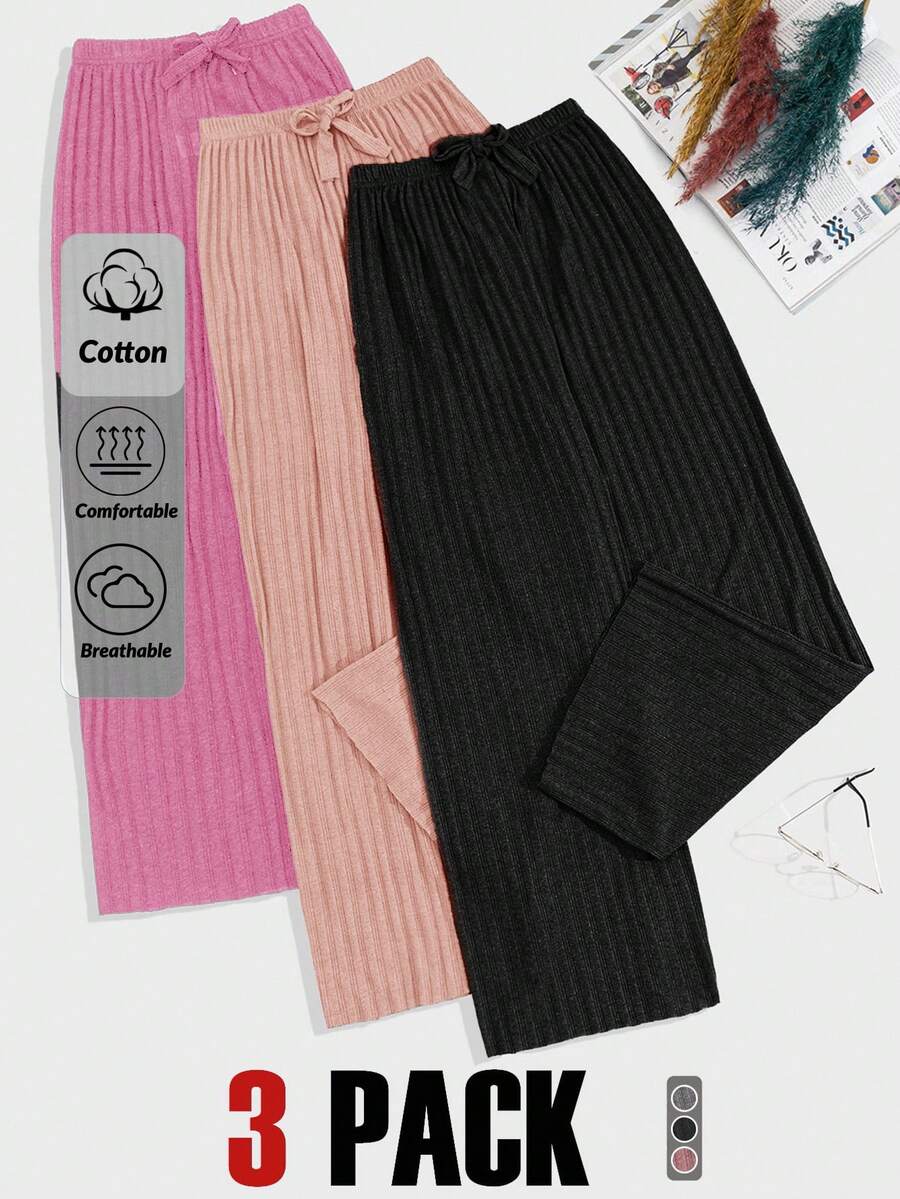 EURMUSE Women Lounge Bottoms Comfortable Pajama Pants Wide Leg Pajama Pants Pajama Pants Ribbed Drawstring Pajama Pants Pajama Pants 3 Pack - Multicolor - View 1