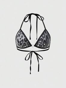 ROMWE Grunge Punk Áo ngực nữ phong cách Punk Rock Rave Beach Party Festival Street Style cổ yếm gợi cảm họa tiết da báo đính sequin - Màu xám đen - Xem 5