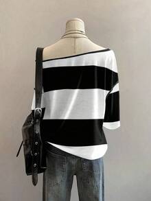 Attitoon 女式休闲黑白条纹印花落肩宽松短袖T恤 - 彩色 - 查看 4