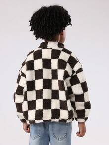 SUMWON Cozy Checkerboard Sherpa Fleece Jacket Teddy Bear Winter Full Zip Kids Casual Outerwear Classic Black White Pattern - Brown - View 2