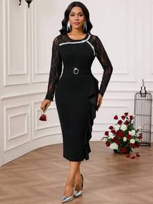 SHEIN Lady Women's Contrast Lace Round Neck Long Sleeve Ruffle Hem Fitted Elegant Black Dress