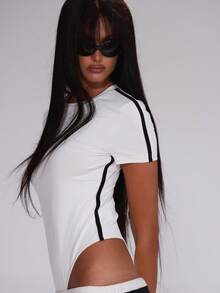 MUSERA Contrast Stripe Binding Slinky Fitted Short Sleeve Bodysuit Cute Autumn Fall Teacher Back To School Casual Work Streetwear Sporty Work Wear Corporate Run  Evening Spring - White - View 2