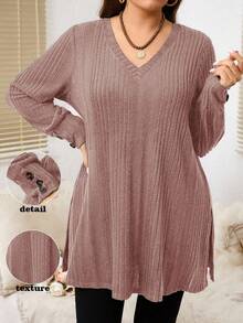 EMERY ROSE Camiseta holgada de mujer talla grande con cuello en V acanalado, decoración de botones y bajo dividido, para uso casual y diario, primavera/otoño - Marrón - Ver 3