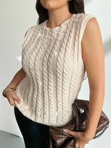 Firerie Plus Size Women Elegant White Cable Knit Sweater Vest,Faux Pearl Embellished Round Neck Sleeveless Top For Autumn,Festa,Parties,Banquets And Office - Apricot - View 2