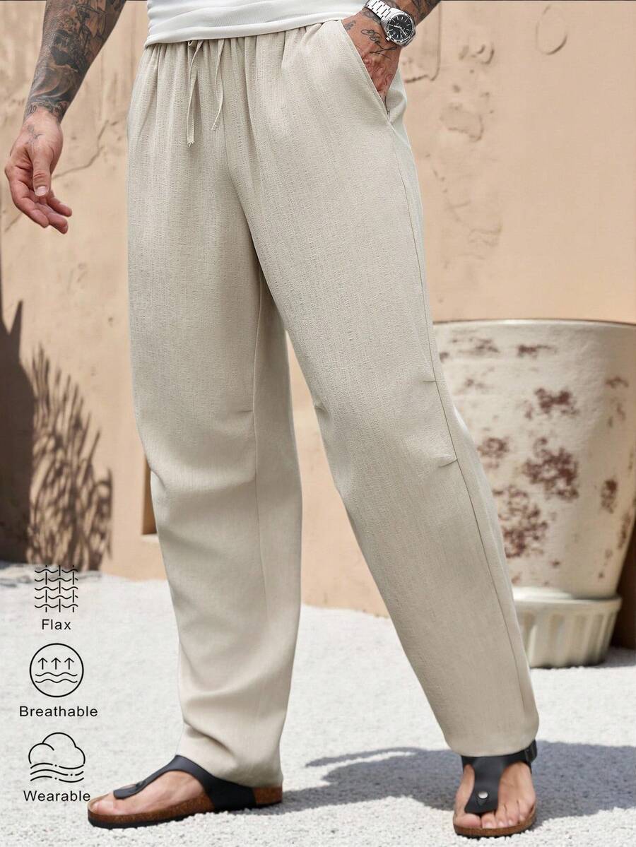 Genlund Quần nam cạp chun màu trơn, dây rút, thích hợp mặc hàng ngày, mặc vào mùa thu - Màu Khaki - Xem 1