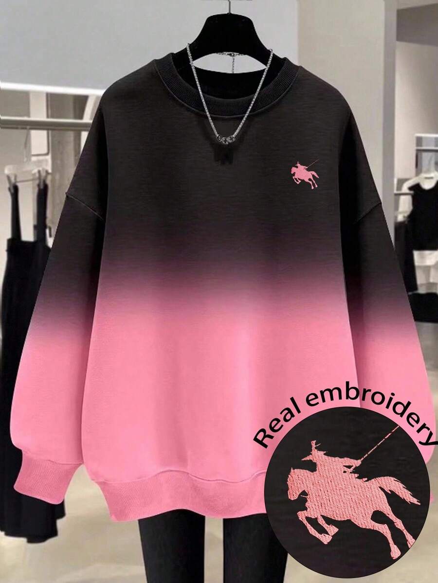 EMERY ROSE 新品畅销渐变色小马标志刺绣常规版型女式加大码圆领运动衫 - 紅色 - 查看 1