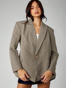 MISSGUIDED Áo khoác blazer họa tiết Houndstooth chuyên nghiệp cỡ lớn cho nữ, trang phục công sở, cài một nút, ve khía, tay dài, kiểu dáng cổ điển, lịch sự, phù hợp với công việc, thời trang thu đông - Nhiều màu - Xem 3