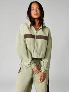 MISSGUIDED 女士短款风衣运动外套，撞色设计，立领全拉链，运动休闲春秋季外套，轻便透气，适合跑步、散步等运动场合，时尚百搭，圣诞节必备 - 綠色 - 查看 3