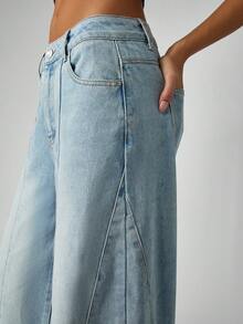 MISSGUIDED 棉质高腰阔腿筒形牛仔裤，带接缝细节，浅色水洗牛仔阔腿裤，女士 - 淺色水洗藍 - 查看 4