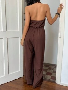 SHEIN SunnyBelle Women's Deep V-Neck Backless Jumpsuit, Chocolate Brown Color, Slim Fit, Wide Leg, Fashionable & Elegant, Suitable For Vacation