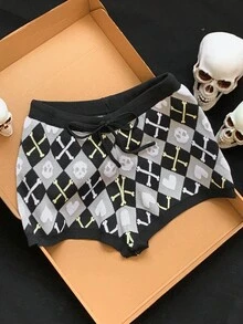 Comfortcana 女士秋季抽绳腰骷髅头和心形图案休闲宽松针织短裤万圣节 - 黑與白 - 查看 1